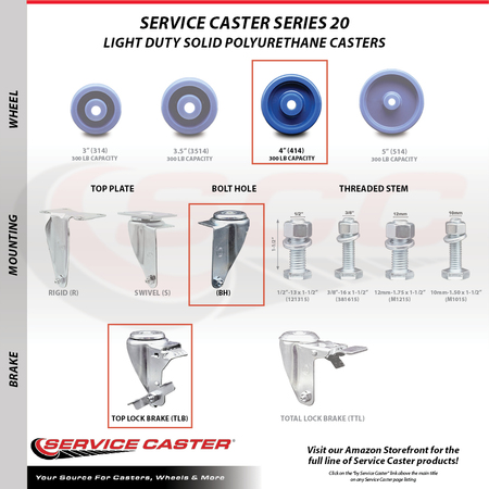 Service Caster 4 Inch SS Solid Polyurethane Wheel Swivel Bolt Hole Caster with Brake SCC SCC-SSBH20S414-SPUS-TLB